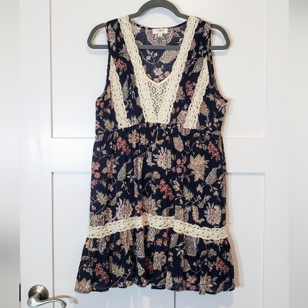 Umgee Dress Sleeveless Crocheted Lace Flare Out Mini Medium Cottagecore Boho